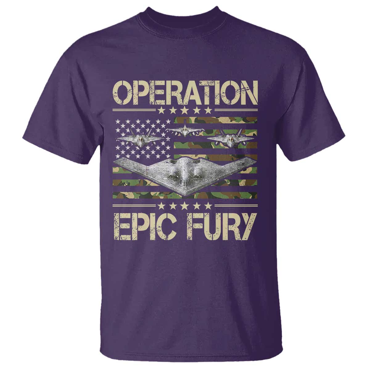 Operation Epic Fury Camo American Flag T Shirt B12 Spirit Stealth Bomber Formation Patriotic Air Power TS02 Purple Print Your Wear