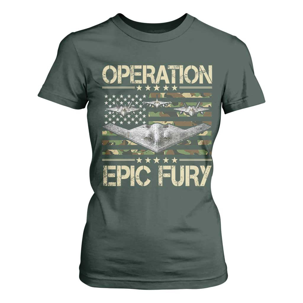 Operation Epic Fury Camo American Flag T Shirt For Women B12 Spirit Stealth Bomber Formation Patriotic Air Power TS02 Dark Forest Green Print Your Wear