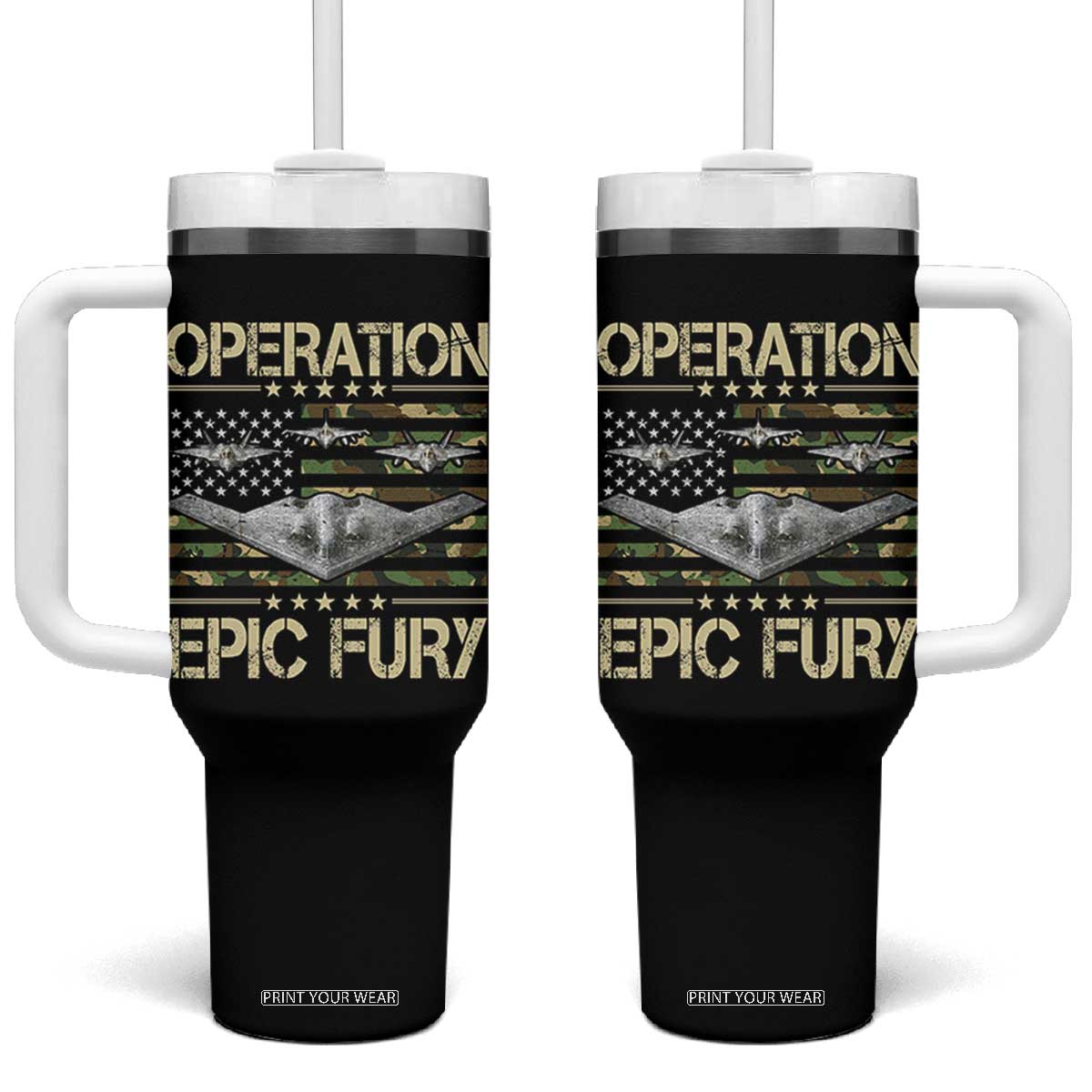 Operation Epic Fury Camo American Flag Tumbler With Handle B12 Spirit Stealth Bomber Formation Patriotic Air Power TS02 One Size: 40 oz Black Print Your Wear