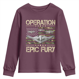 Operation Epic Fury Camo American Flag Youth Sweatshirt B12 Spirit Stealth Bomber Formation Patriotic Air Power TS02 Maroon Print Your Wear