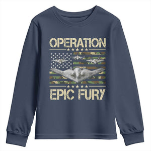 Operation Epic Fury Camo American Flag Youth Sweatshirt B12 Spirit Stealth Bomber Formation Patriotic Air Power TS02 Navy Print Your Wear