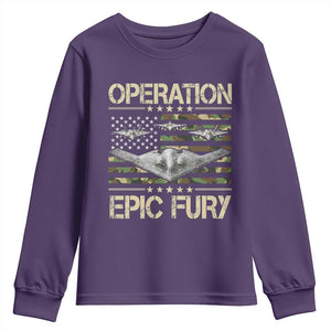 Operation Epic Fury Camo American Flag Youth Sweatshirt B12 Spirit Stealth Bomber Formation Patriotic Air Power TS02 Purple Print Your Wear