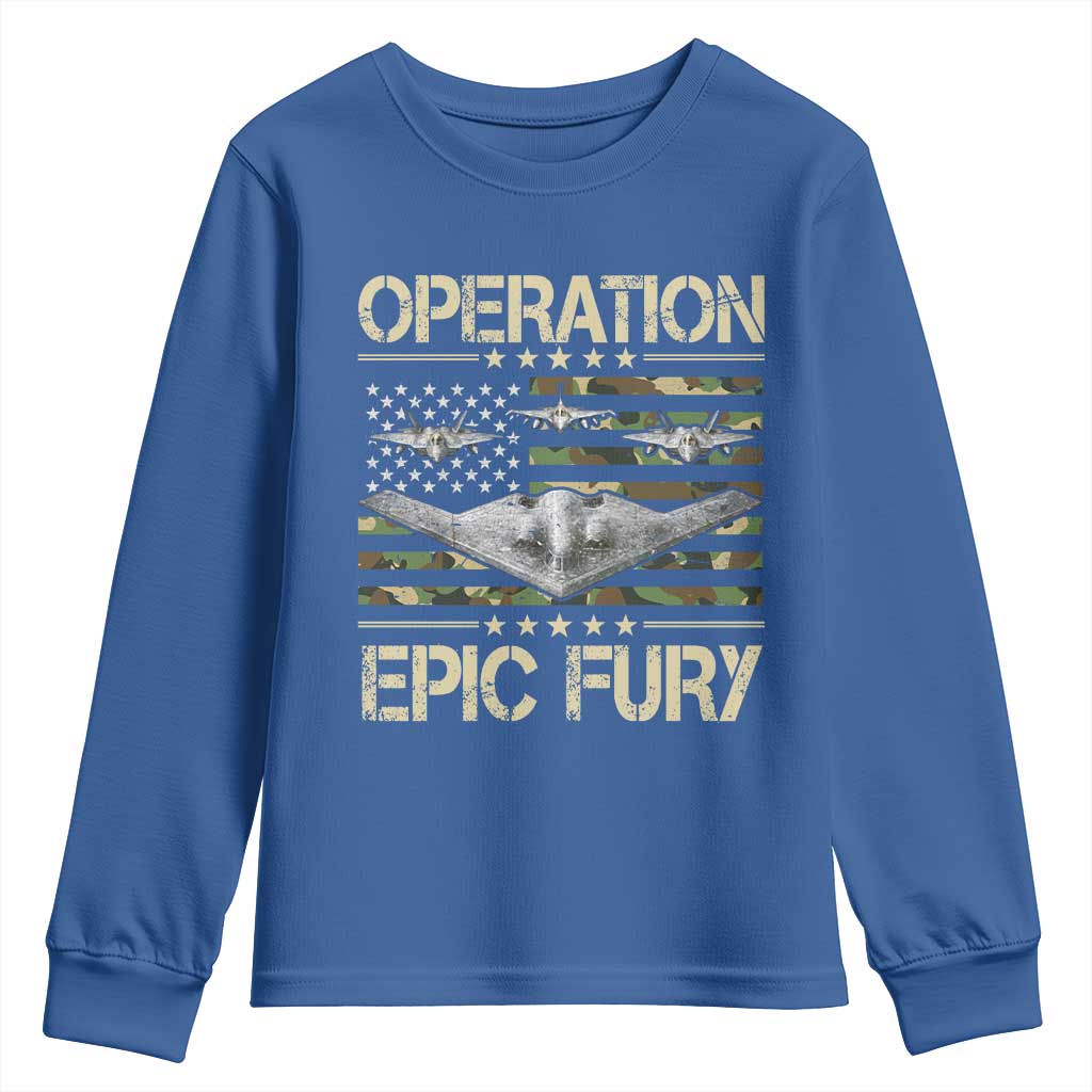 Operation Epic Fury Camo American Flag Youth Sweatshirt B12 Spirit Stealth Bomber Formation Patriotic Air Power TS02 Royal Blue Print Your Wear