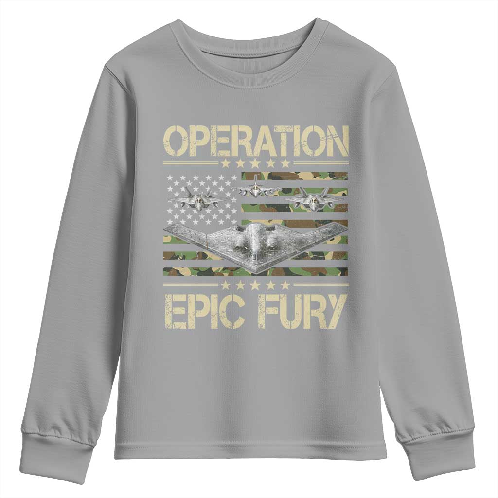 Operation Epic Fury Camo American Flag Youth Sweatshirt B12 Spirit Stealth Bomber Formation Patriotic Air Power TS02 Sport Gray Print Your Wear