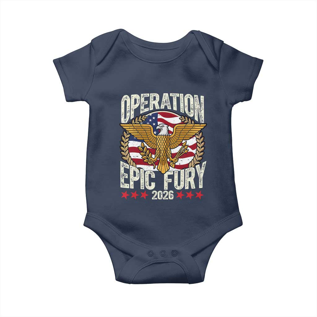 Operation Epic Fury 2026 Patriotic Eagle Crest Baby Onesie American Strength and Freedom TS02 Navy Print Your Wear
