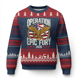 Operation Epic Fury 2026 Patriotic Eagle Crest Ugly Christmas Sweater American Strength and Freedom TS02 Navy Red Print Your Wear