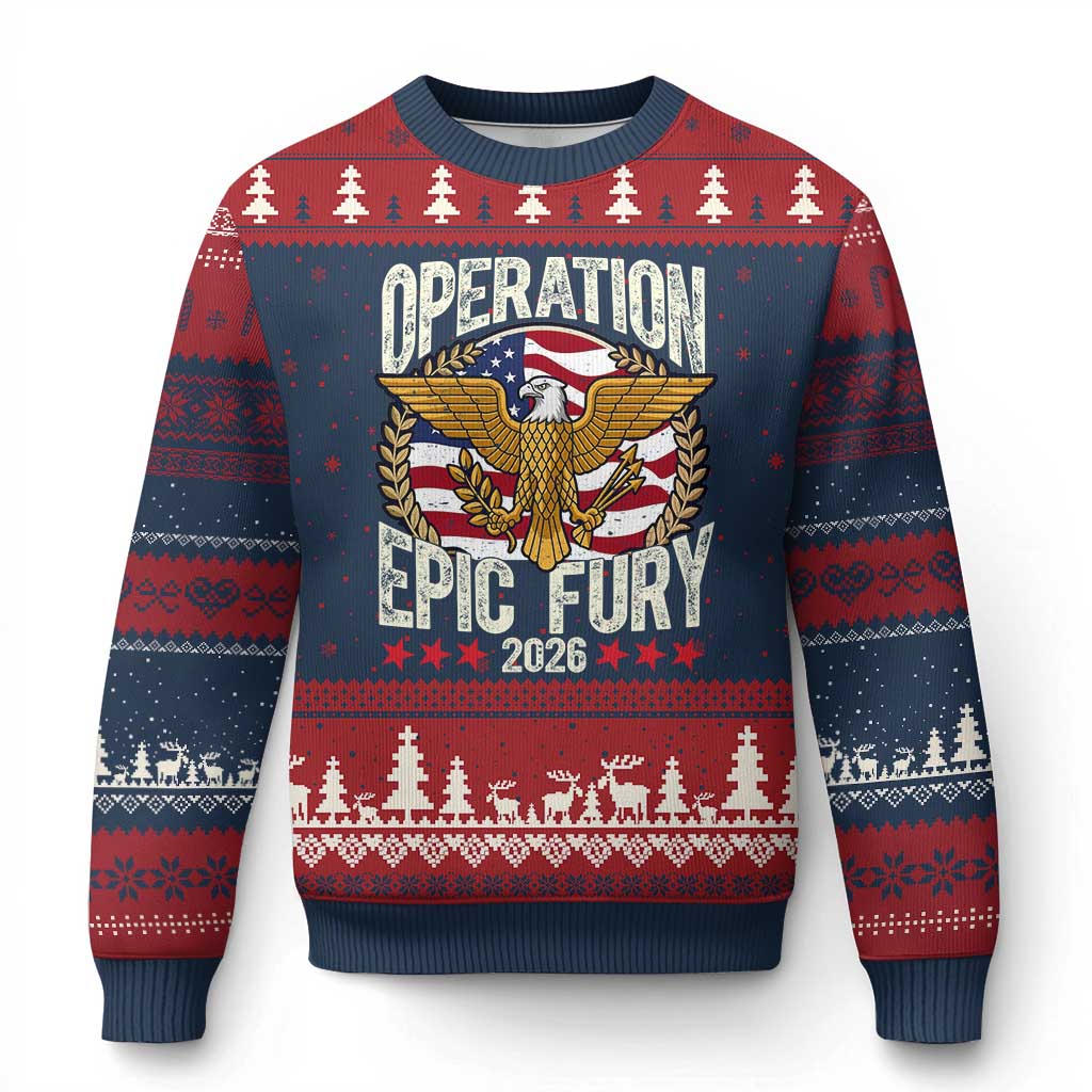 Operation Epic Fury 2026 Patriotic Eagle Crest Ugly Christmas Sweater American Strength and Freedom TS02 Navy Red Print Your Wear