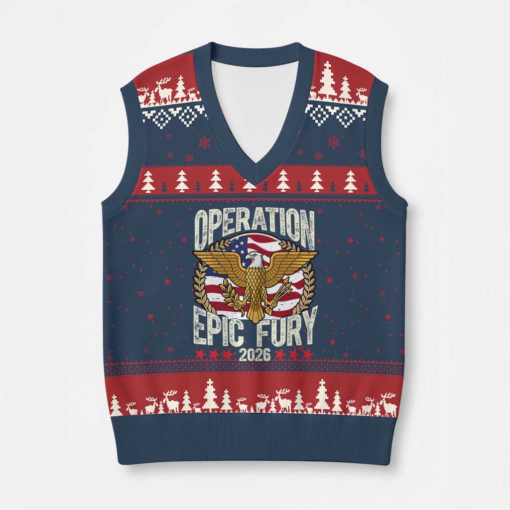 Operation Epic Fury 2026 Patriotic Eagle Crest V-Neck Knit Sweater Vest American Strength and Freedom TS02 Navy Red Print Your Wear