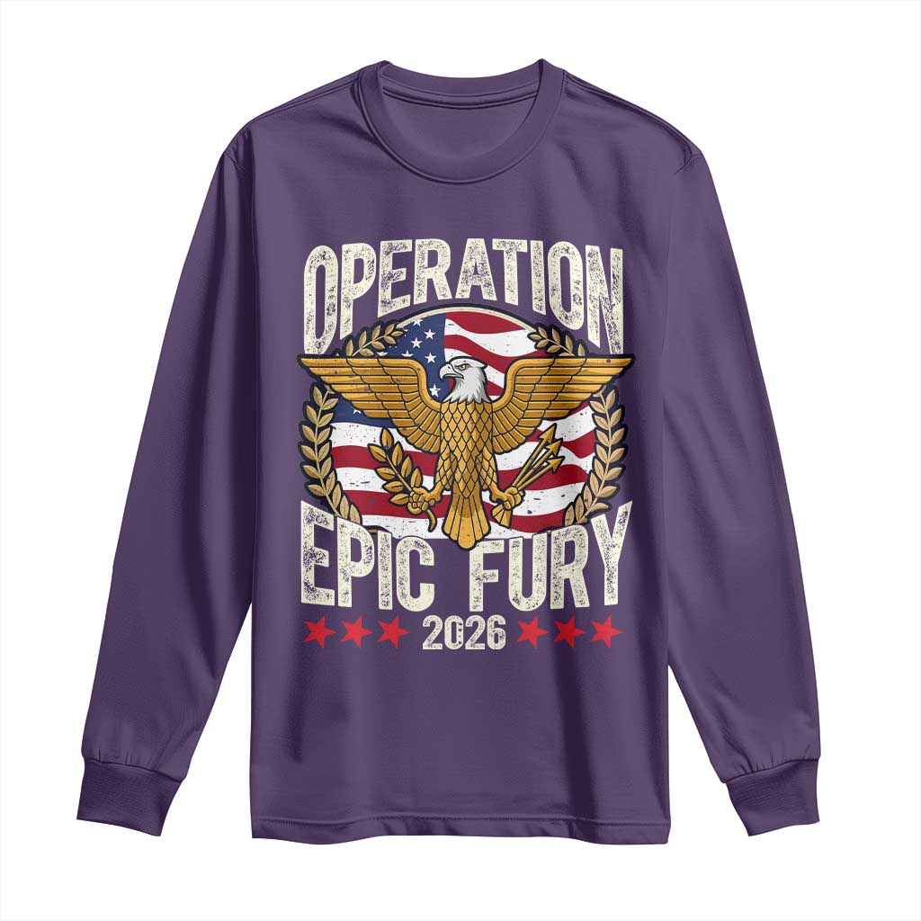 Operation Epic Fury 2026 Patriotic Eagle Crest Long Sleeve Shirt American Strength and Freedom TS02 Purple Print Your Wear