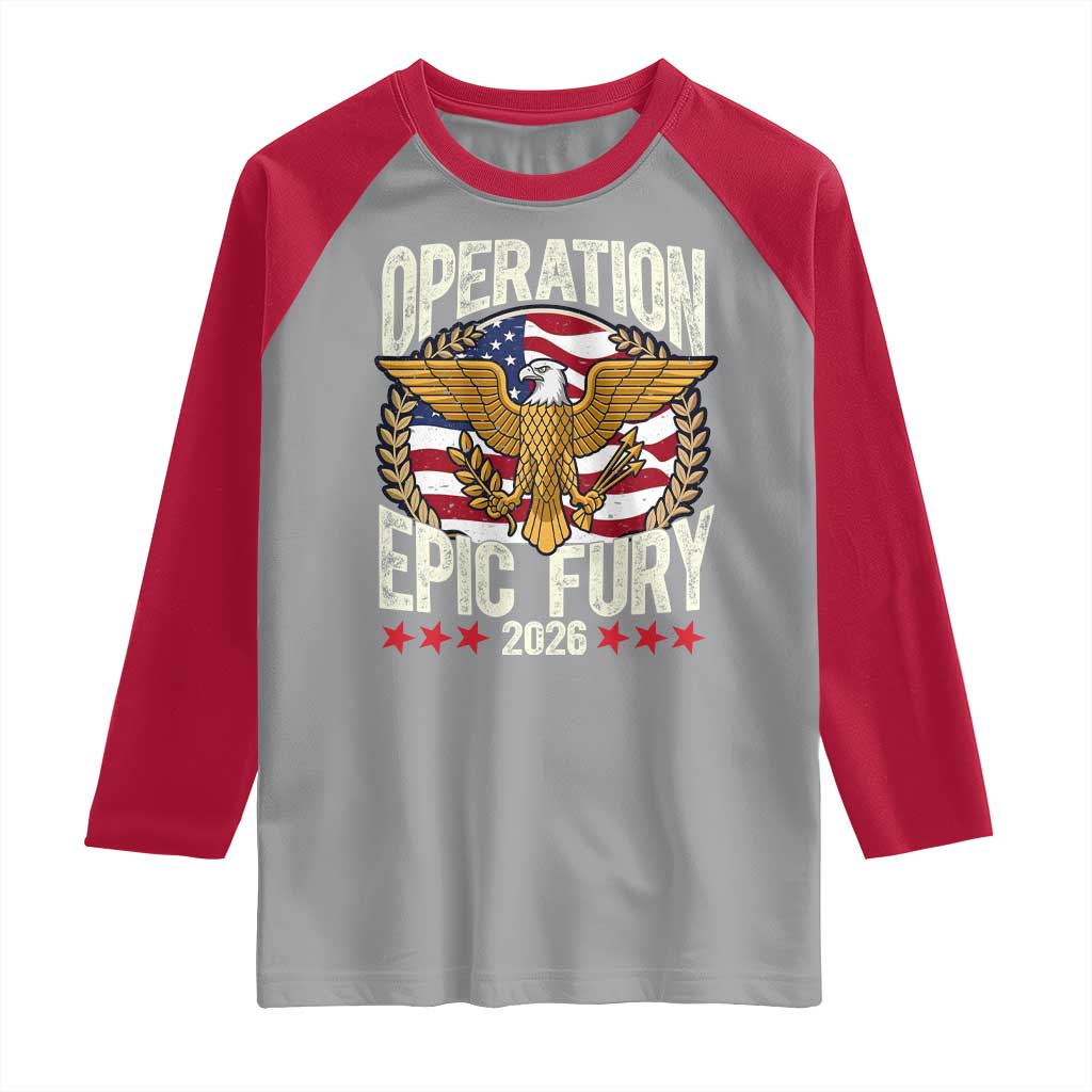 Operation Epic Fury 2026 Patriotic Eagle Crest Raglan Shirt American Strength and Freedom TS02 Sport Gray Red Print Your Wear