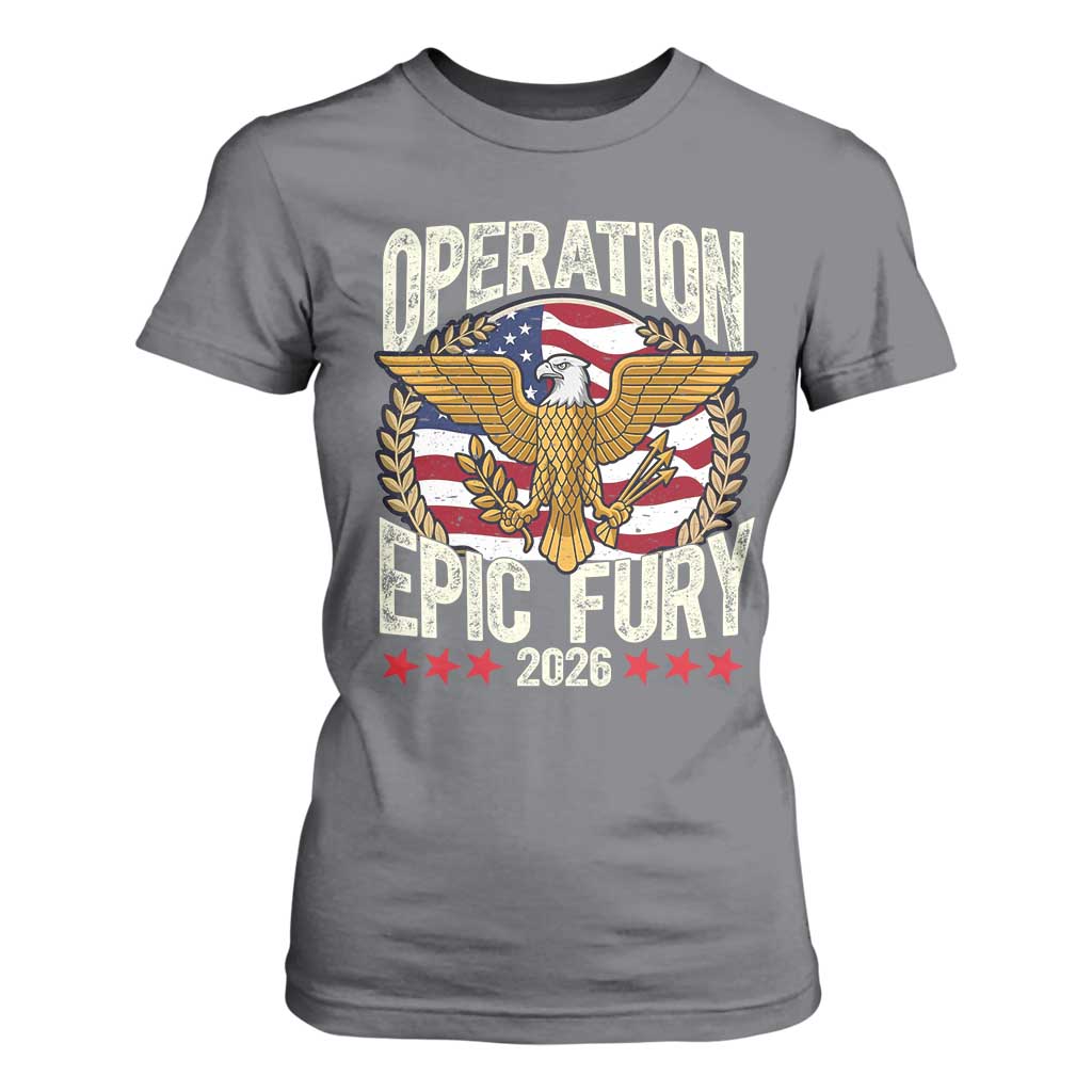Operation Epic Fury 2026 Patriotic Eagle Crest T Shirt For Women American Strength and Freedom TS02 Charcoal Print Your Wear