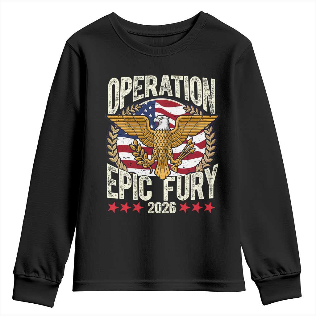 Operation Epic Fury 2026 Patriotic Eagle Crest Youth Sweatshirt American Strength and Freedom TS02 Black Print Your Wear