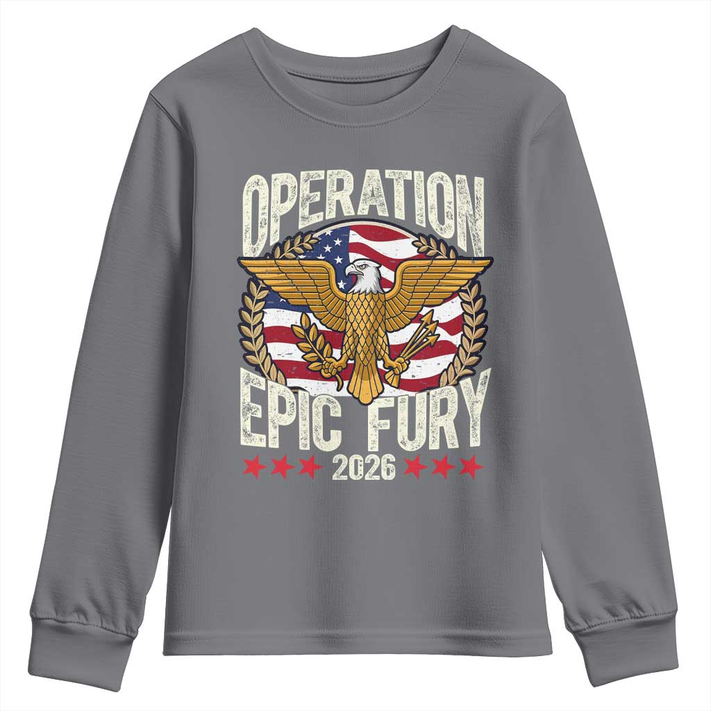 Operation Epic Fury 2026 Patriotic Eagle Crest Youth Sweatshirt American Strength and Freedom TS02 Charcoal Print Your Wear