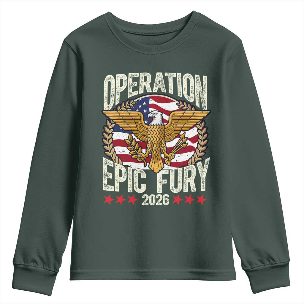 Operation Epic Fury 2026 Patriotic Eagle Crest Youth Sweatshirt American Strength and Freedom TS02 Dark Forest Green Print Your Wear