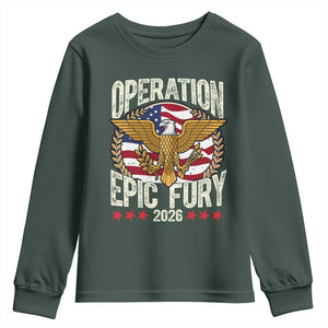 Operation Epic Fury 2026 Patriotic Eagle Crest Youth Sweatshirt American Strength and Freedom TS02 Dark Forest Green Print Your Wear