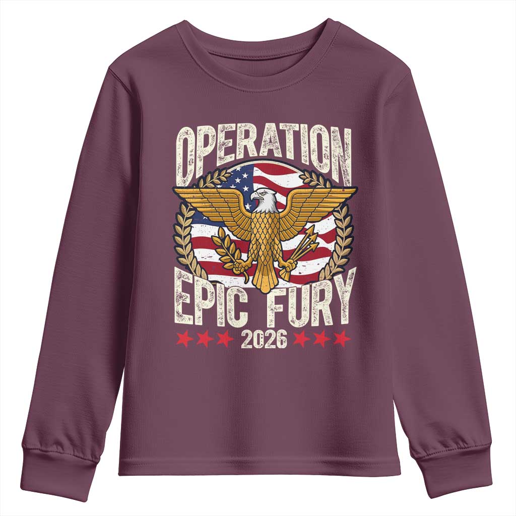 Operation Epic Fury 2026 Patriotic Eagle Crest Youth Sweatshirt American Strength and Freedom TS02 Maroon Print Your Wear
