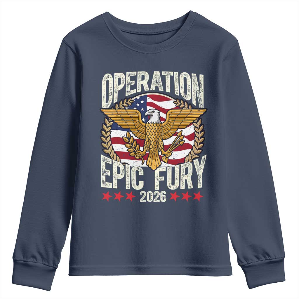 Operation Epic Fury 2026 Patriotic Eagle Crest Youth Sweatshirt American Strength and Freedom TS02 Navy Print Your Wear