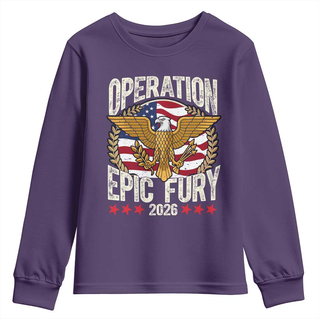 Operation Epic Fury 2026 Patriotic Eagle Crest Youth Sweatshirt American Strength and Freedom TS02 Purple Print Your Wear