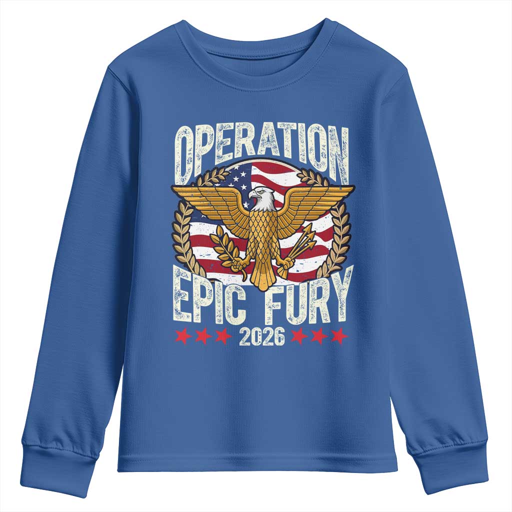 Operation Epic Fury 2026 Patriotic Eagle Crest Youth Sweatshirt American Strength and Freedom TS02 Royal Blue Print Your Wear