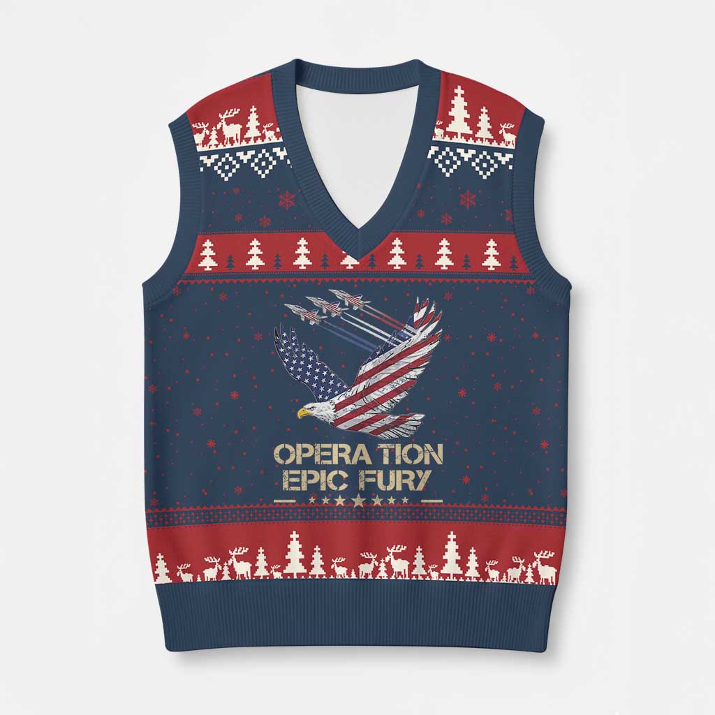 Operation Epic Fury American Eagle Flag V-Neck Knit Sweater Vest Jet Flyover USA Freedom TS02 Navy Red Print Your Wear