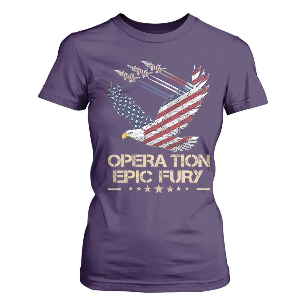 Operation Epic Fury American Eagle Flag T Shirt For Women Jet Flyover USA Freedom TS02 Purple Print Your Wear