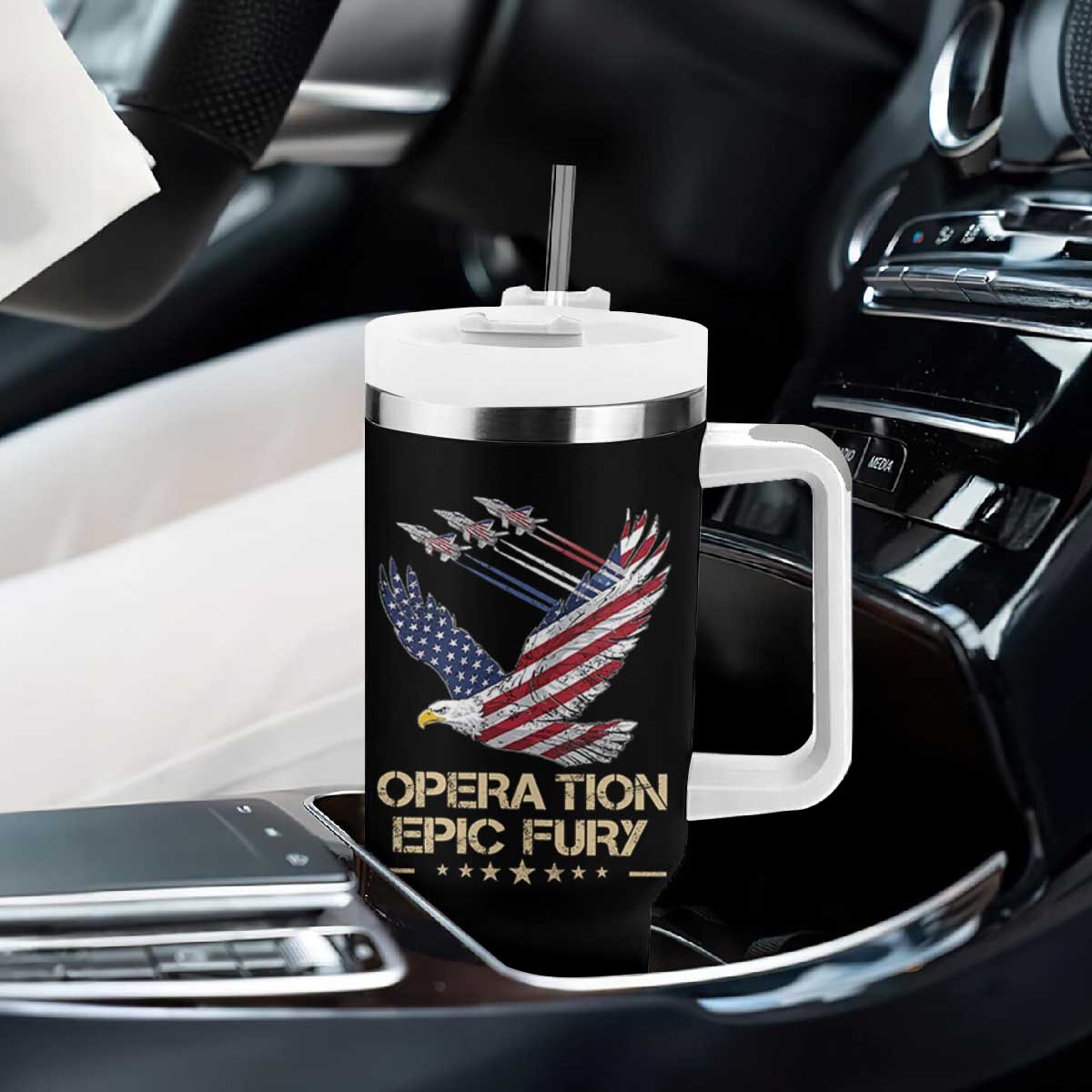 Operation Epic Fury American Eagle Flag Tumbler With Handle Jet Flyover USA Freedom TS02 Print Your Wear