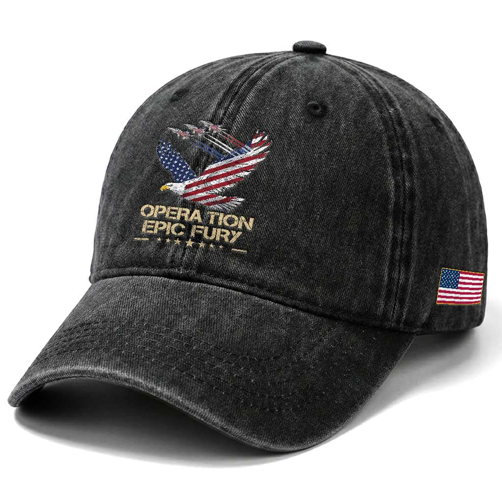 Operation Epic Fury American Eagle Flag Washed Cotton Baseball Cap Jet Flyover USA Freedom TS02 Print Your Wear
