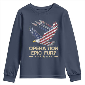 Operation Epic Fury American Eagle Flag Youth Sweatshirt Jet Flyover USA Freedom TS02 Navy Print Your Wear