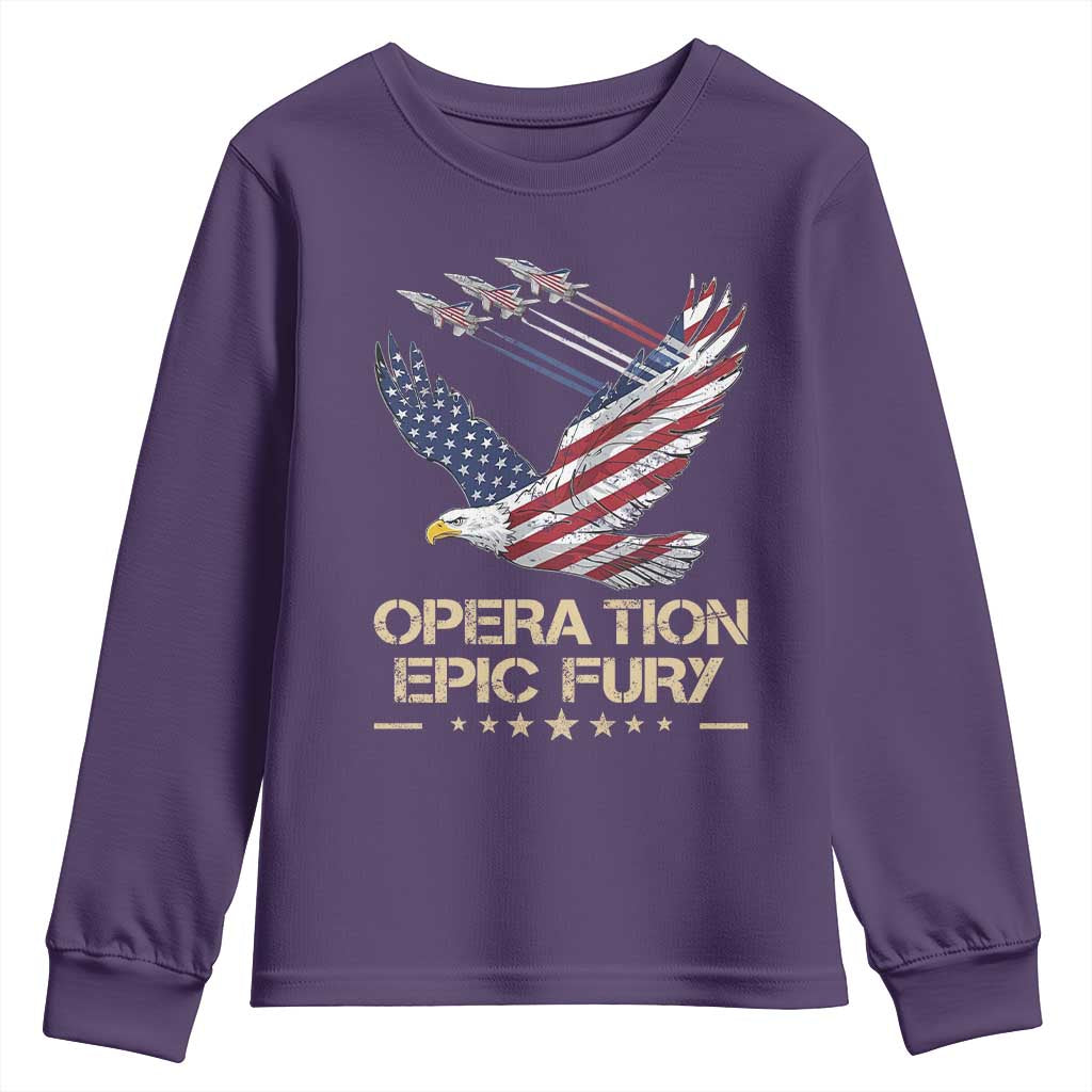 Operation Epic Fury American Eagle Flag Youth Sweatshirt Jet Flyover USA Freedom TS02 Purple Print Your Wear