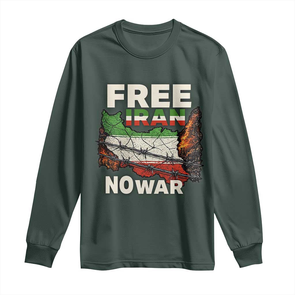 Free Iran No War Protest Graphic Long Sleeve Shirt Barbed Wire Freedom Human Rights Solidarity TS02 Dark Forest Green Print Your Wear