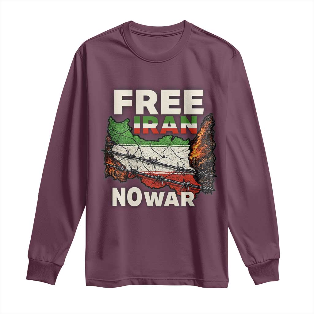 Free Iran No War Protest Graphic Long Sleeve Shirt Barbed Wire Freedom Human Rights Solidarity TS02 Maroon Print Your Wear