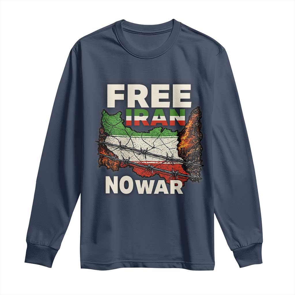 Free Iran No War Protest Graphic Long Sleeve Shirt Barbed Wire Freedom Human Rights Solidarity TS02 Navy Print Your Wear