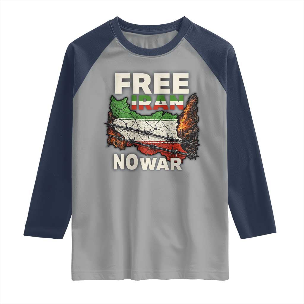 Free Iran No War Protest Graphic Raglan Shirt Barbed Wire Freedom Human Rights Solidarity TS02 Sport Gray Navy Print Your Wear