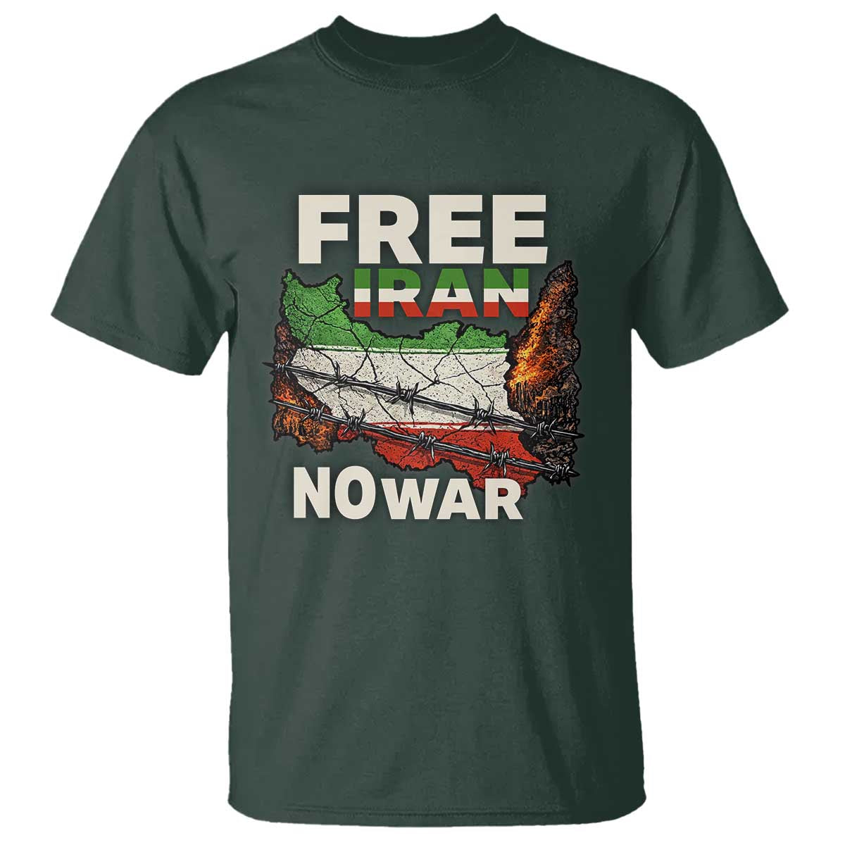 Free Iran No War Protest Graphic T Shirt Barbed Wire Freedom Human Rights Solidarity TS02 Dark Forest Green Print Your Wear