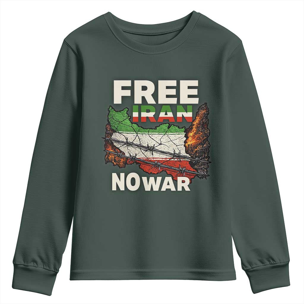 Free Iran No War Protest Graphic Youth Sweatshirt Barbed Wire Freedom Human Rights Solidarity TS02 Dark Forest Green Print Your Wear