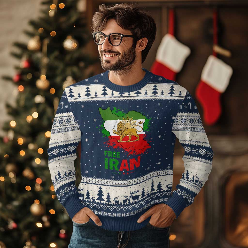Free Iran Lion And Sun Map Graphic Ugly Christmas Sweater Persian Heritage Freedom Support TS02 Navy Beige Print Your Wear