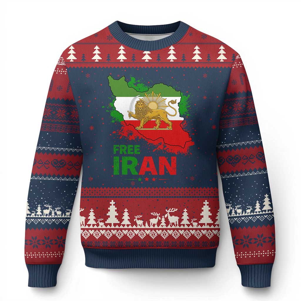 Free Iran Lion And Sun Map Graphic Ugly Christmas Sweater Persian Heritage Freedom Support TS02 Navy Red Print Your Wear