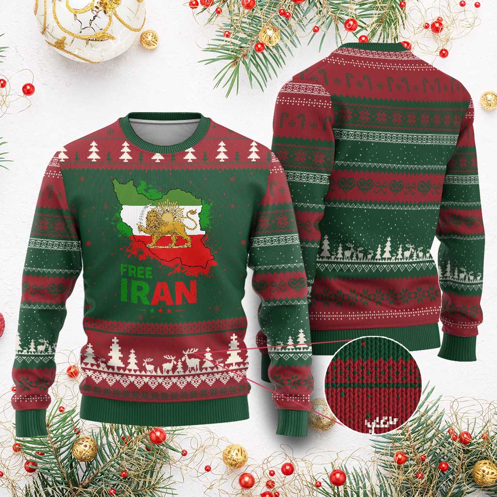 Free Iran Lion And Sun Map Graphic Ugly Christmas Sweater Persian Heritage Freedom Support TS02 Red Green Print Your Wear