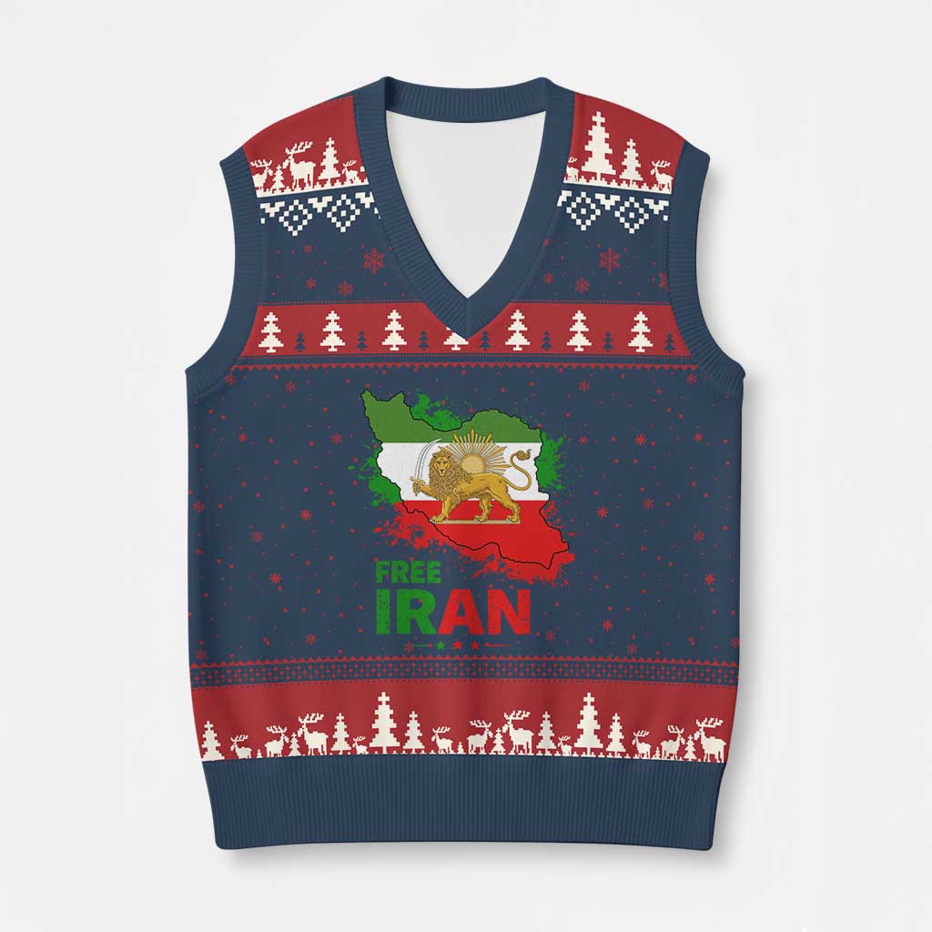 Free Iran Lion And Sun Map Graphic V-Neck Knit Sweater Vest Persian Heritage Freedom Support TS02 Navy Red Print Your Wear