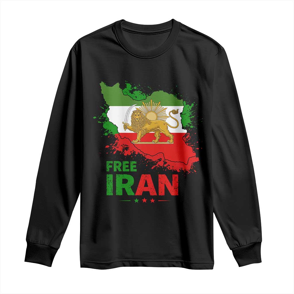 Free Iran Lion And Sun Map Graphic Long Sleeve Shirt Persian Heritage Freedom Support TS02 Black Print Your Wear