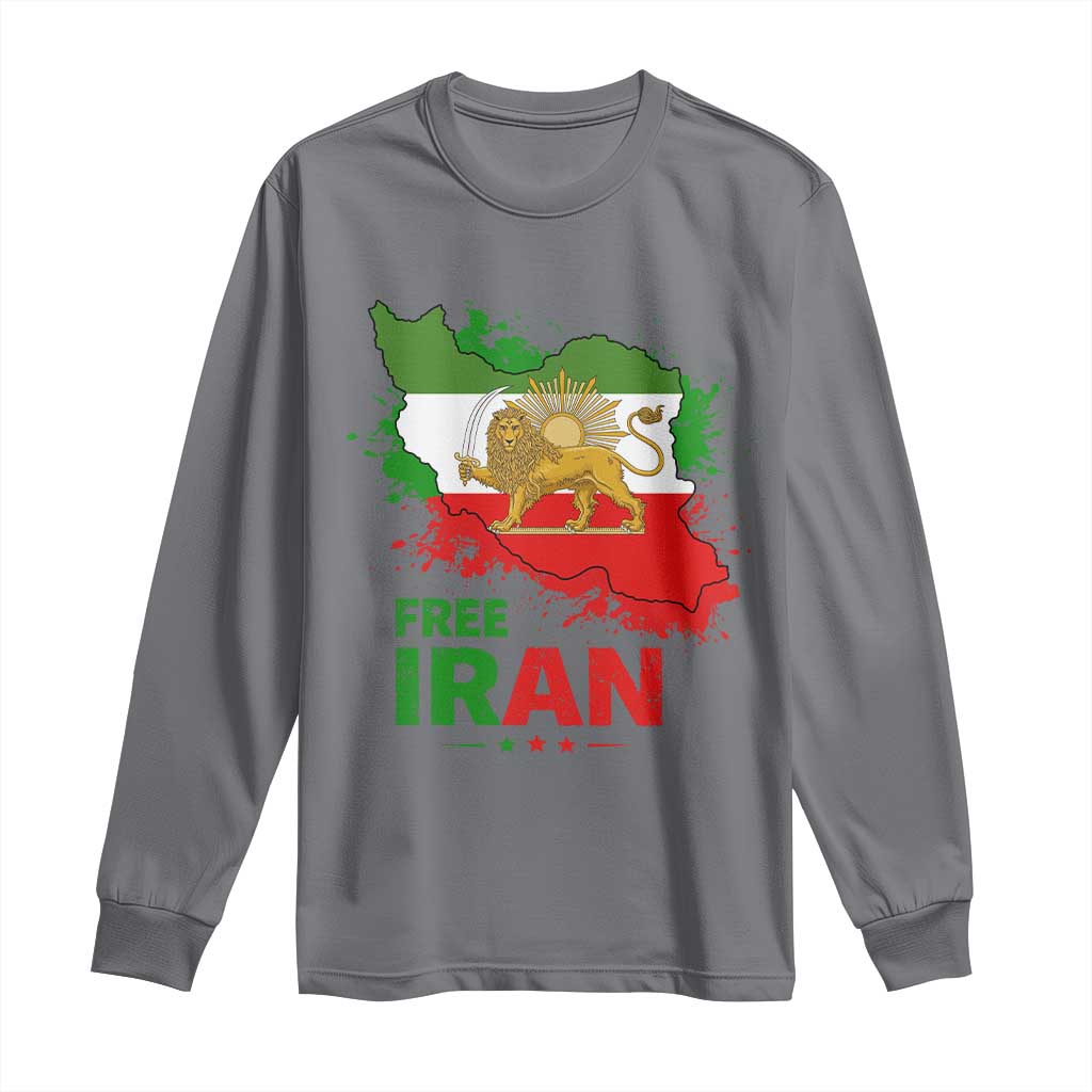 Free Iran Lion And Sun Map Graphic Long Sleeve Shirt Persian Heritage Freedom Support TS02 Charcoal Print Your Wear