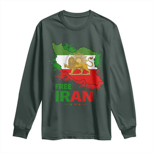 Free Iran Lion And Sun Map Graphic Long Sleeve Shirt Persian Heritage Freedom Support TS02 Dark Forest Green Print Your Wear