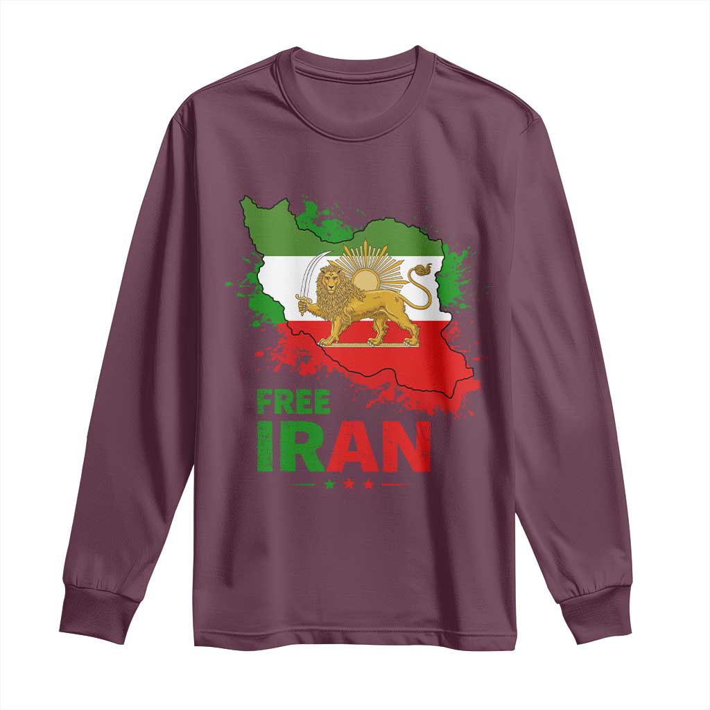 Free Iran Lion And Sun Map Graphic Long Sleeve Shirt Persian Heritage Freedom Support TS02 Maroon Print Your Wear
