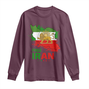 Free Iran Lion And Sun Map Graphic Long Sleeve Shirt Persian Heritage Freedom Support TS02 Maroon Print Your Wear