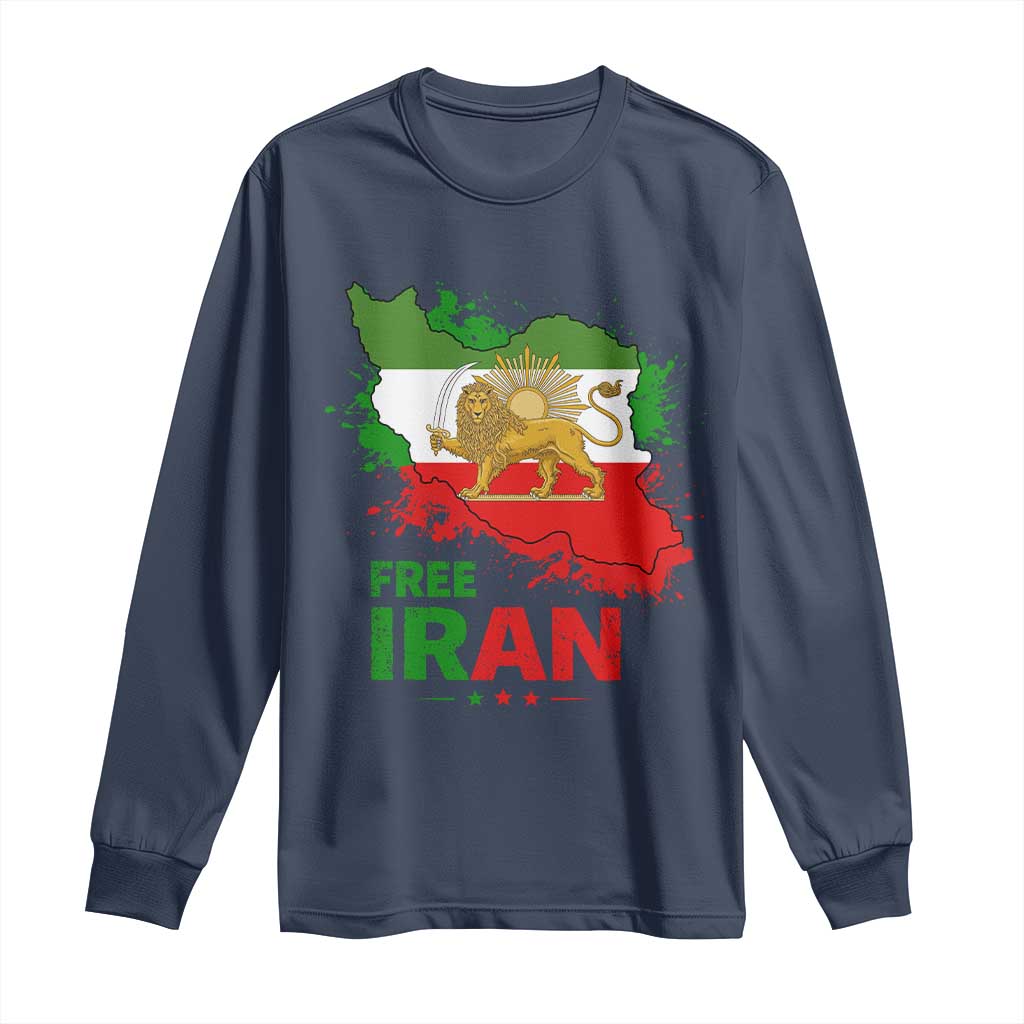Free Iran Lion And Sun Map Graphic Long Sleeve Shirt Persian Heritage Freedom Support TS02 Navy Print Your Wear