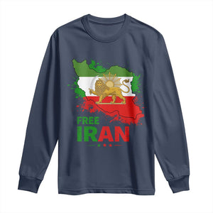 Free Iran Lion And Sun Map Graphic Long Sleeve Shirt Persian Heritage Freedom Support TS02 Navy Print Your Wear