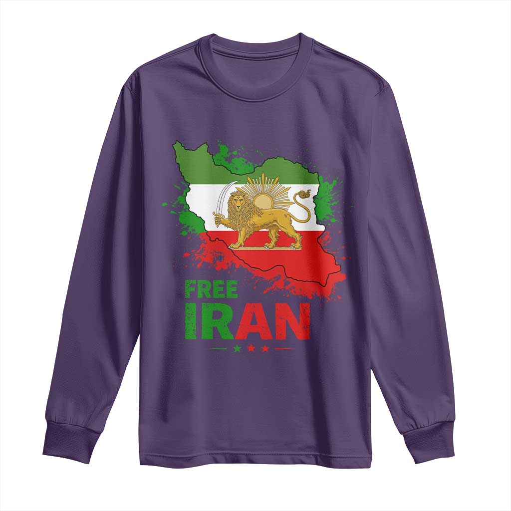 Free Iran Lion And Sun Map Graphic Long Sleeve Shirt Persian Heritage Freedom Support TS02 Purple Print Your Wear