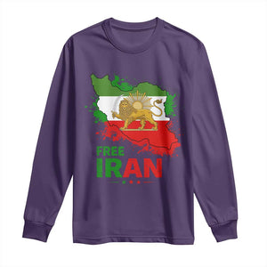 Free Iran Lion And Sun Map Graphic Long Sleeve Shirt Persian Heritage Freedom Support TS02 Purple Print Your Wear
