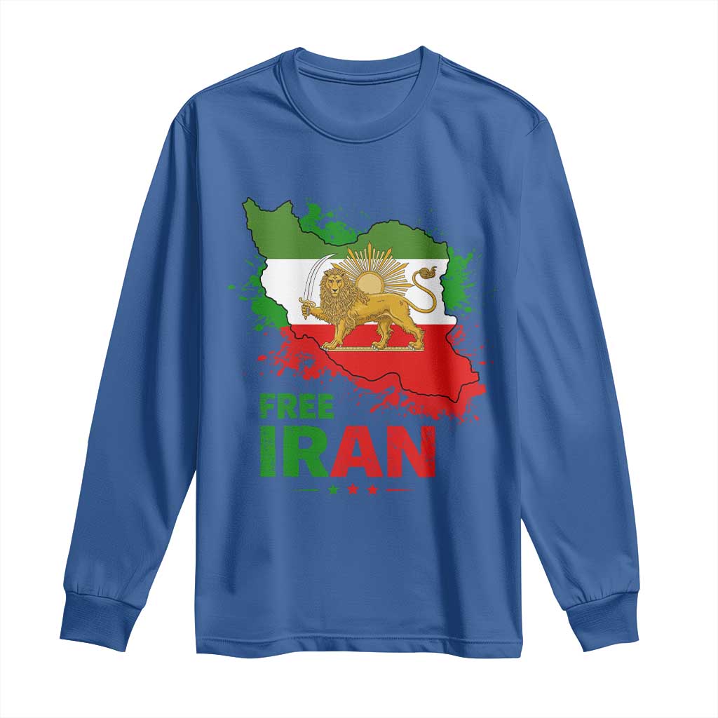 Free Iran Lion And Sun Map Graphic Long Sleeve Shirt Persian Heritage Freedom Support TS02 Royal Blue Print Your Wear
