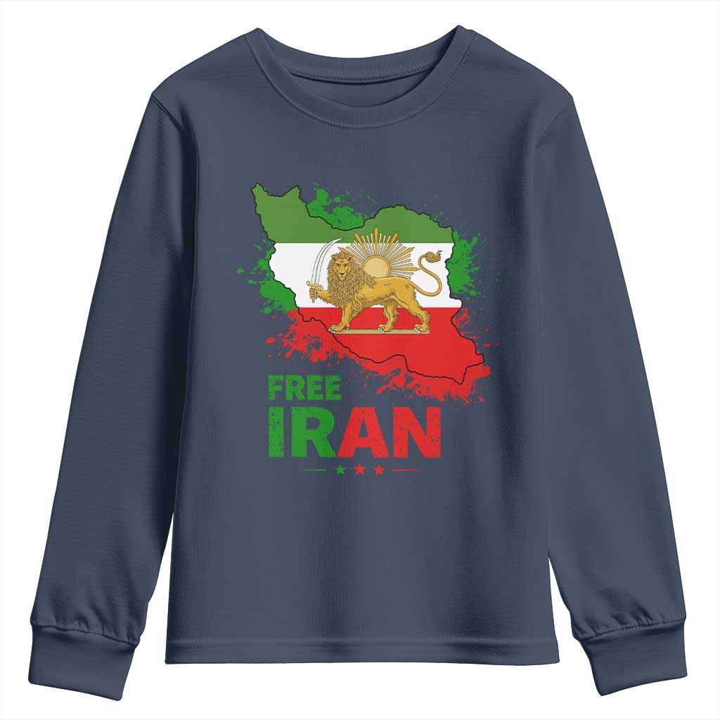 Free Iran Lion And Sun Map Graphic Youth Sweatshirt Persian Heritage Freedom Support TS02 Navy Print Your Wear